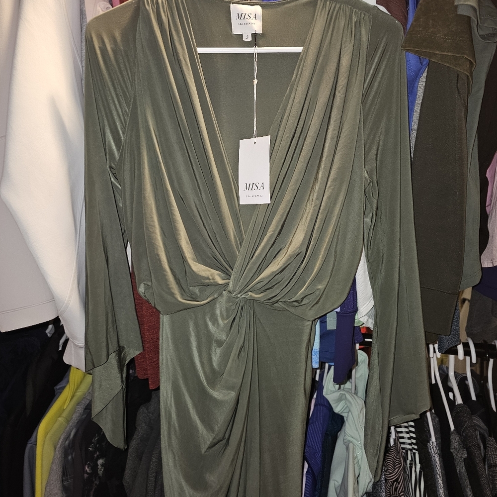 NWT Misa Los Angeles Teget V-Neck Drape Long Sleeve High-Low Midi Dress Small
